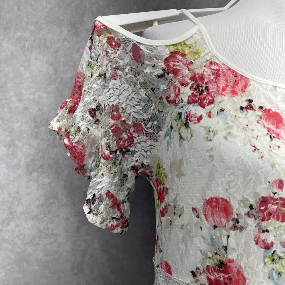 NWT Disney Beauty & The Beast Womens L Floral Wht Lace Dress Peek A Boo Shoulder